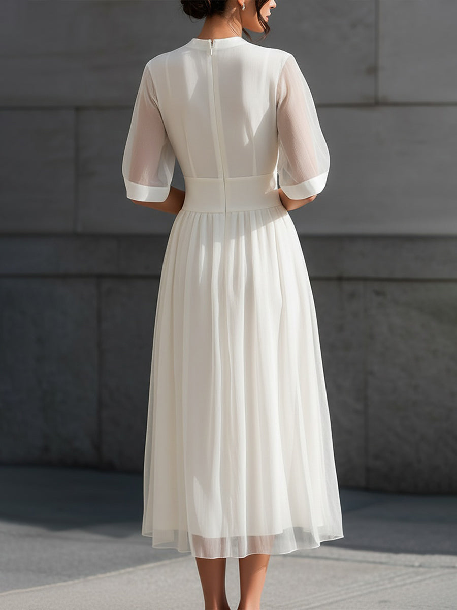 Sheer Sleeve Waist-Defined Midi Dress