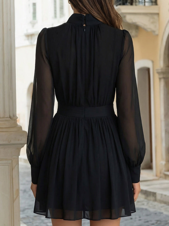 Sheer Chiffon High-Neck Long Sleeve Mini Dress