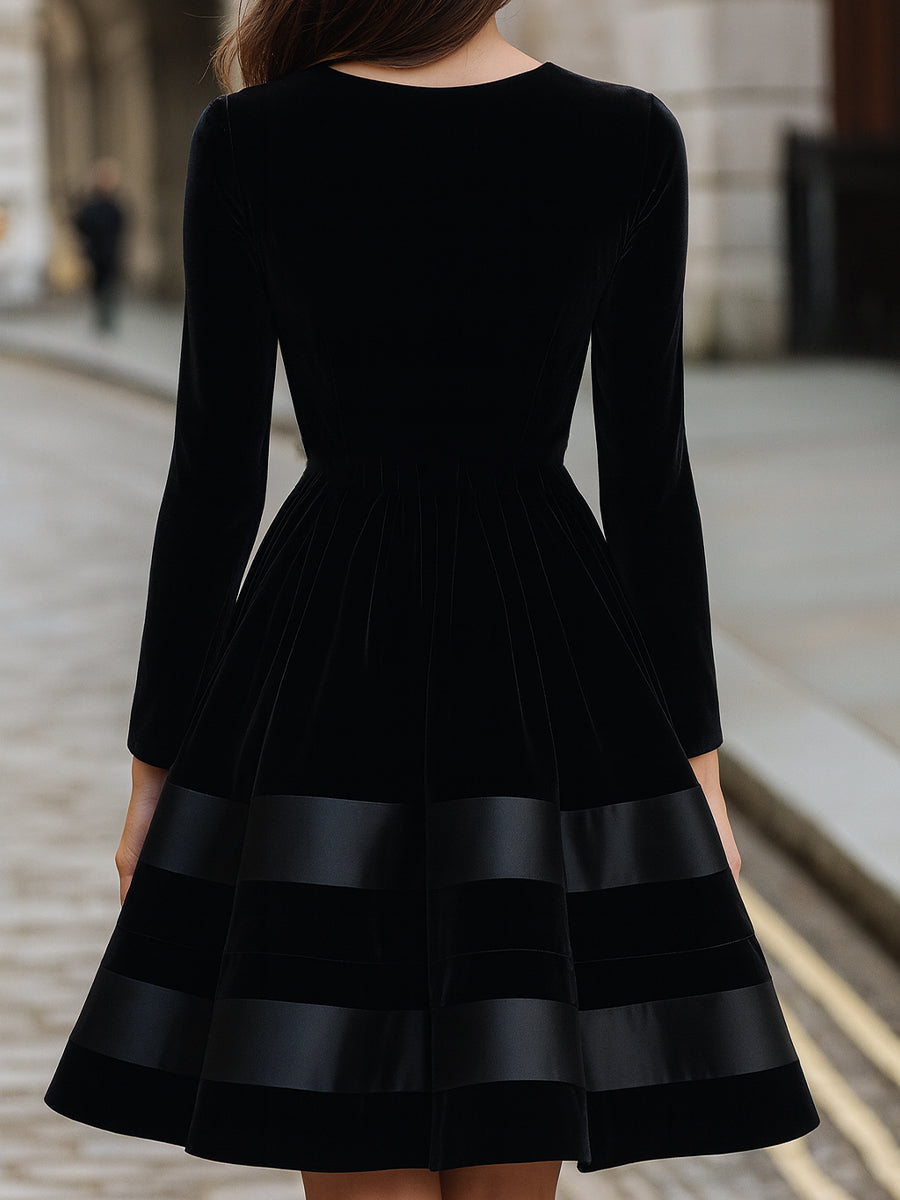 Black Velvet Fit-and-Flare Dress With Satin Stripes