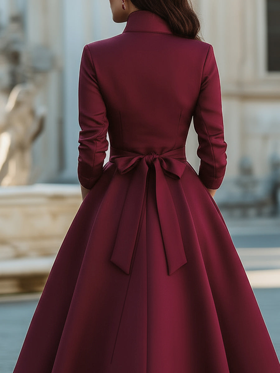 Elegant Band Collar Button-Down Midi Dress With Belt