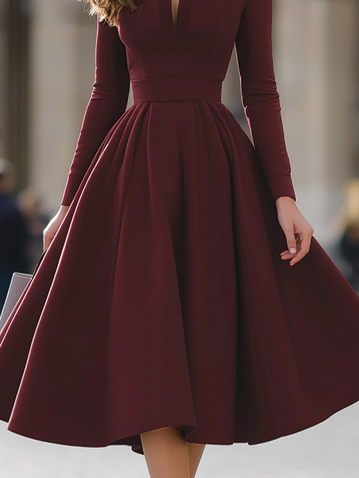 Burgundy V-Neck Full-Skirt Midi Dress