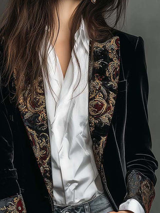 Women's Black Baroque Print Lapel Slim Fit Blazer