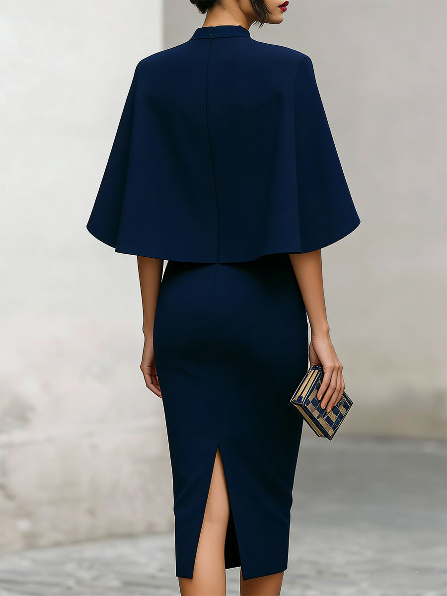 Elegant Navy Cape-Sleeve Midi Dress