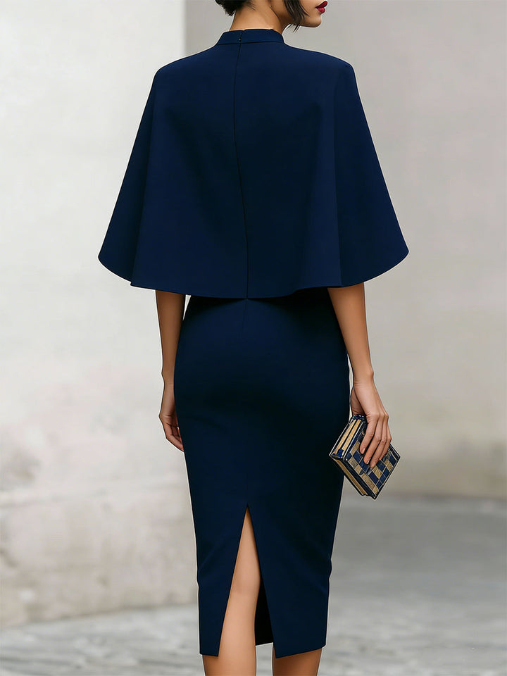Elegant Navy Cape-Sleeve Midi Dress