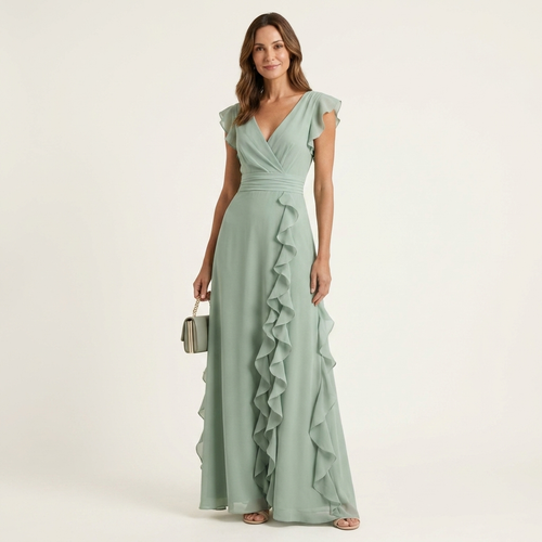 Nellyana | Wrap-Style V-Neck Flutter-Sleeve Cascading Ruffle Maxi Dress