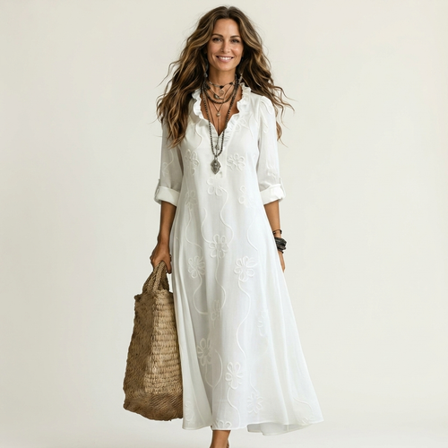 Mariam | Linen Maxi Dress with Tonal Floral Embroidery
