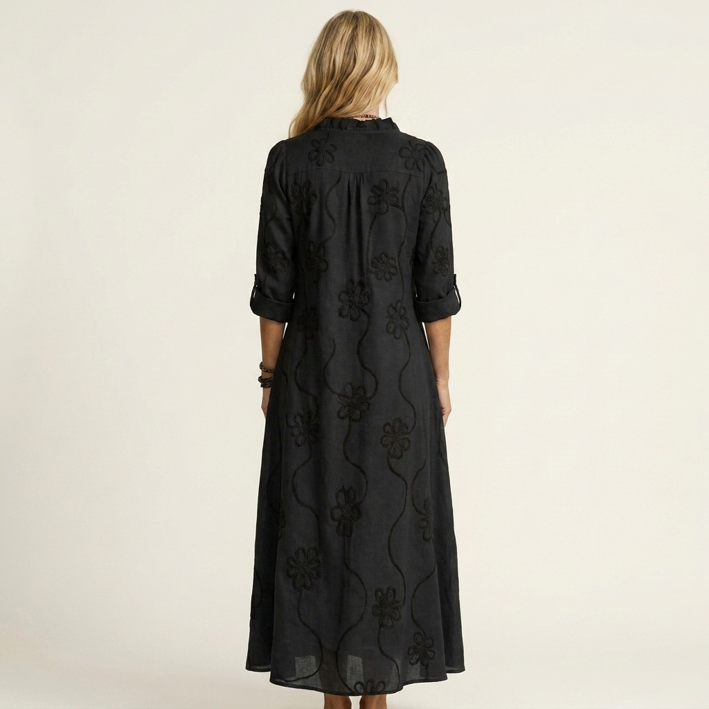 Mariam | Linen Maxi Dress with Tonal Floral Embroidery