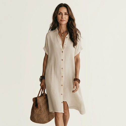 Nidalie | Linen Midi Shirt Dress with Rolled Cuffs